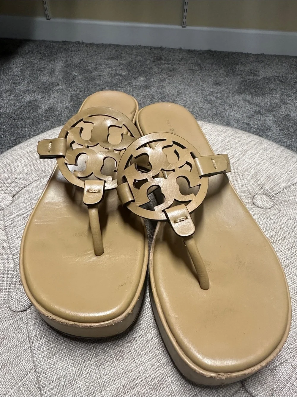Tory Burch Beige/Tan Miller Logo Platform Thong Sandals